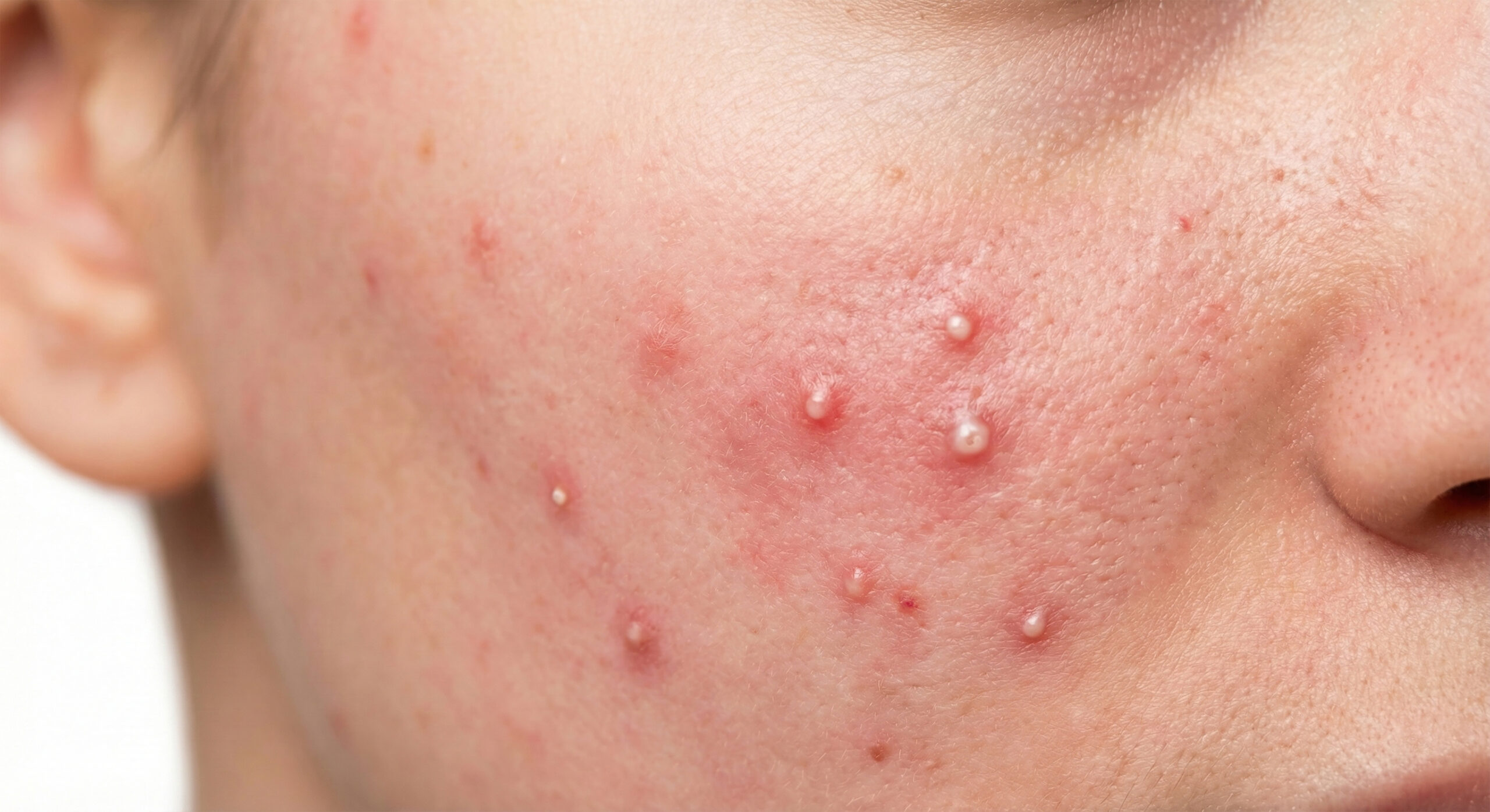 Close up persons face with inflamed acne pustules