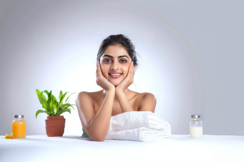 Beautiful Indian spa girl touching her face